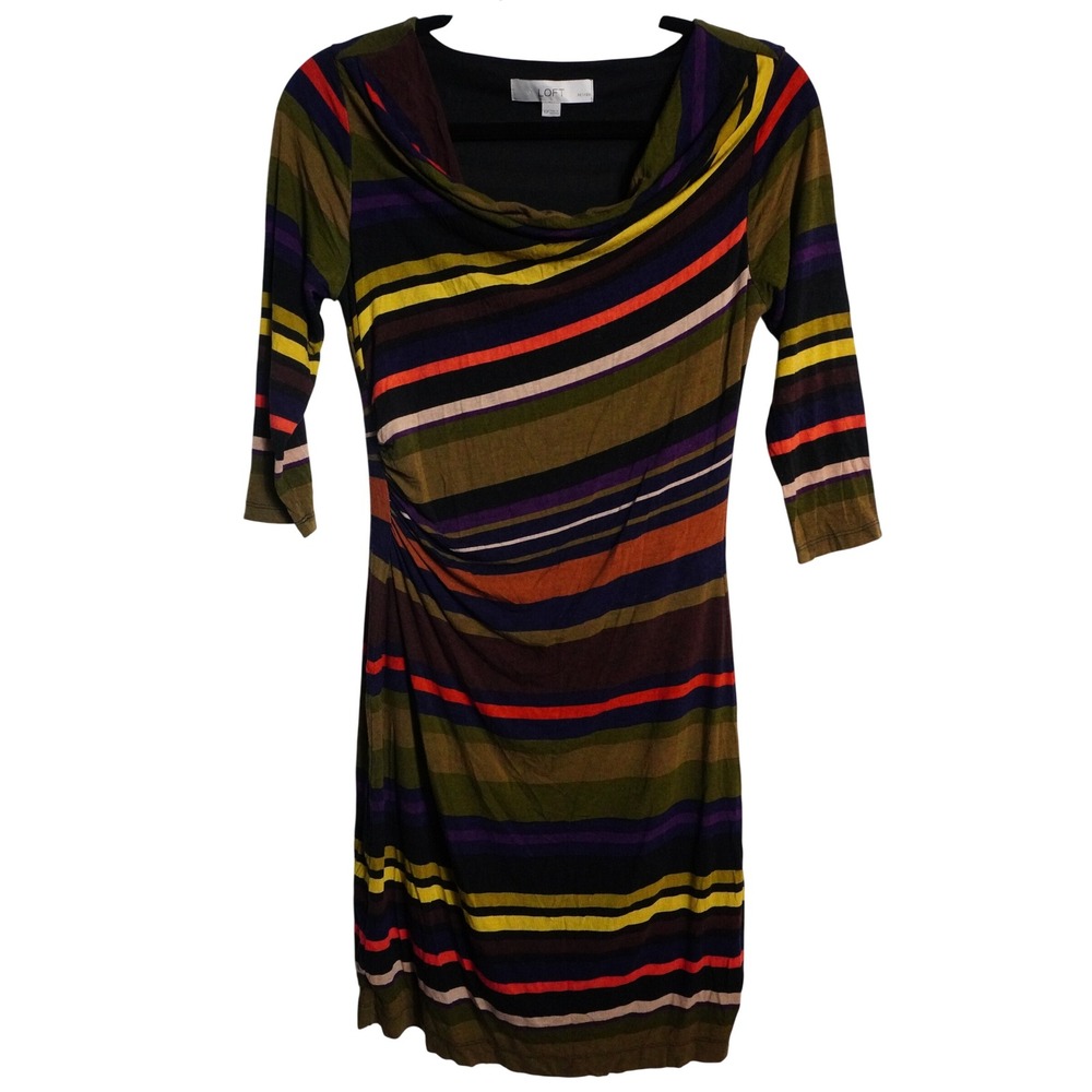 LOFT Dress XS Petite Striped Ruched Cowl Neck 3/4 Sleeve Multi Color Retro Y2K